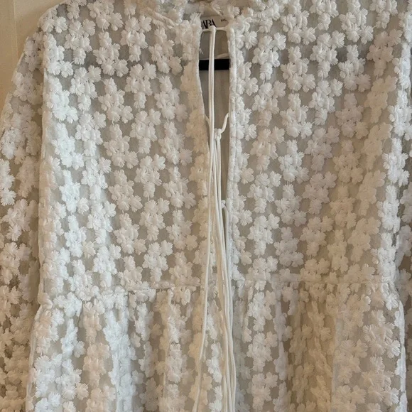 Zara White Floral Textured Babydoll Dress/Tunic - Size XL - Picture 8 of 10